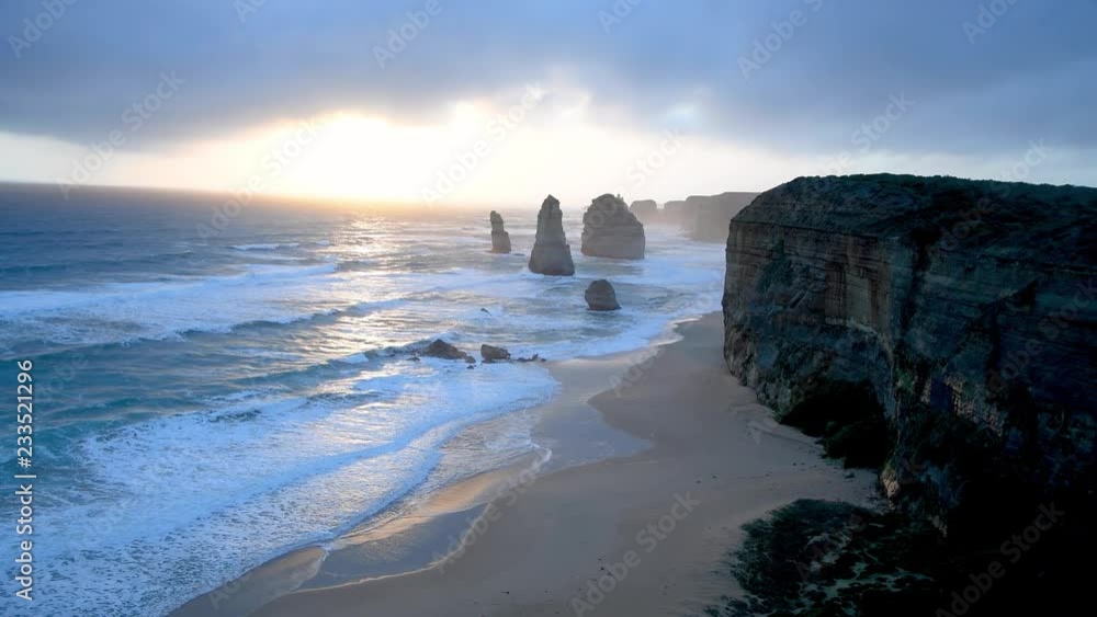 Twelve Apostles, Victoria, Australia. Aerial view of western part from visitor center at sunset Twelve Apostles, Victoria, Australia. Aerial view of western part from visitor center at sunset