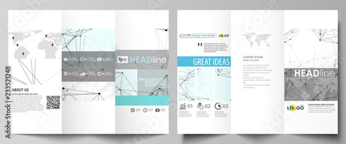 Tri-fold brochure business templates on both sides. Abstract vector layout in flat design. Chemistry pattern, connecting lines and dots, molecule structure on white, geometric graphic background.