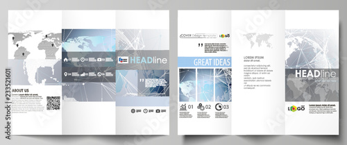 The minimalistic abstract vector illustration of the editable layout of two creative tri-fold brochure covers design business templates. Technology concept. Molecule structure, connecting background.