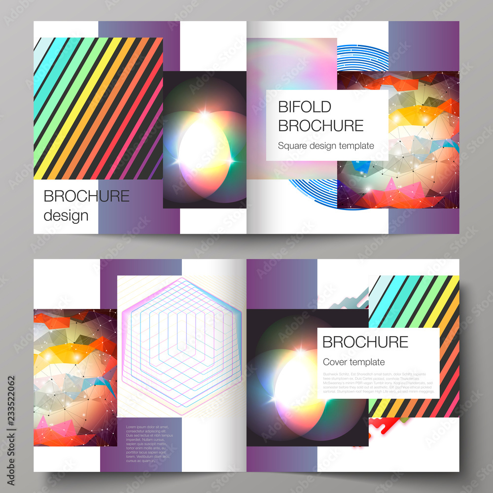 The vector illustration of the layout of two covers templates for square design bifold brochure, magazine, flyer, booklet. Abstract colorful geometric backgrounds in minimalistic design to choose from
