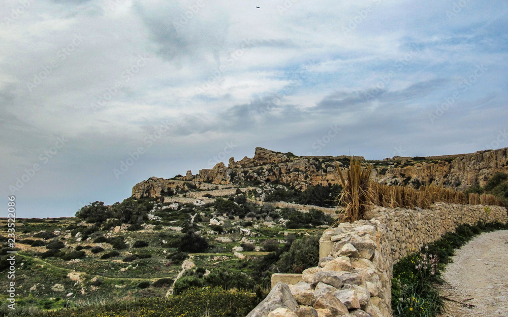 Landscape with Dingli cliffs and majestic views of the Mediterranean sea and the lush countryside, Malta