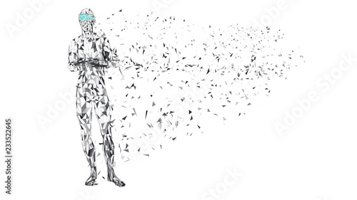 Man with glasses of virtual reality. Future technology concept. Abstract vr world with connecting lines, dots and triangles. 3D vector illustration.