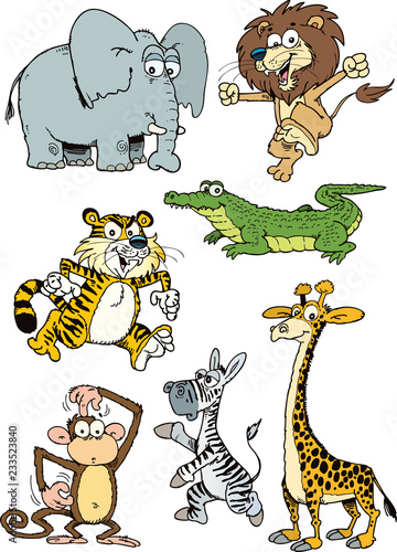 Wild animals with landscape - cute cartoon vector illustration of  crocodile, elephant, giraffe, tiger, zebra, monkey,lion Stock Vector |  Adobe Stock