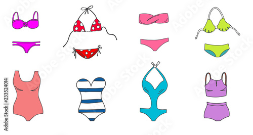 Women colorful swimsuit design set. Fashion bikini, tankini and monokini collection. Female stylish swimwear. Flat beach clothing underwear.