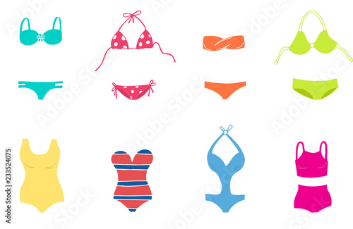 Women colorful swimsuit design set. Fashion bikini, tankini and monokini collection. Female stylish swimwear. Flat beach clothing underwear.