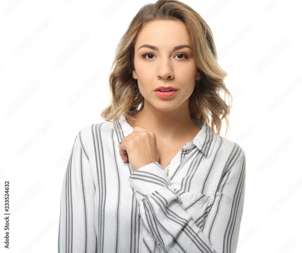 Portrait of beautiful young woman on white background Portrait of beautiful young woman on white background