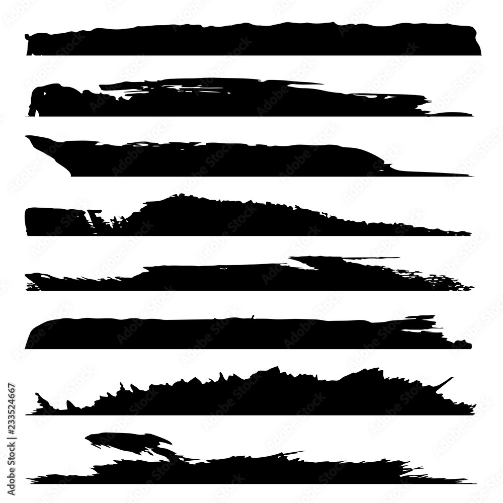 Vector collection of artistic grungy black paint hand made creative brush stroke set isolated on white background. A group of abstract grunge sketches for design education or graphic art decoration Vector collection of artistic grungy black paint hand made creative brush stroke set isolated on white background. A group of abstract grunge sketches for design education or graphic art decoration