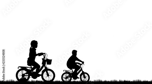 silhouette family riding bicycle on white background