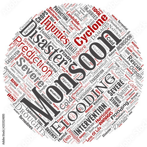 Vector conceptual monsoon dangerous weather round circle red meteorology word cloud isolated background. Collage of tropical dramatic storm force, strong wind blowing, rain hail thunderstorm concept