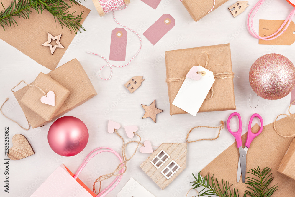 Creative hobby mockup. DIY Christmas handmade greeting cards, decoration. Process of christmas gifts wrapping Creative hobby mockup. DIY Christmas handmade greeting cards, decoration. Process of christmas gifts wrapping