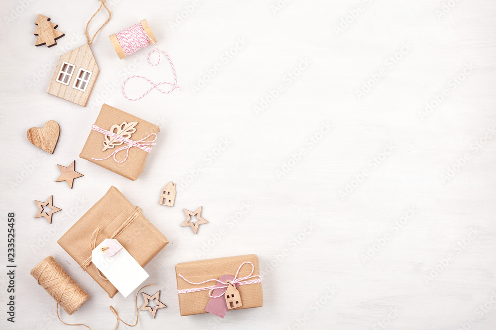 Flat lay of morden minimalist Christmas gifts and decoration in pastel colors Flat lay of morden minimalist Christmas gifts and decoration in pastel colors