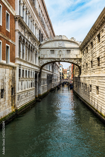 Bridge of Sighs in Venice, Italy. This bridge connects the prison cells to the interrogation rooms of the Doge's palace and was the last view prisoners saw before being imprisoned, hence the name.