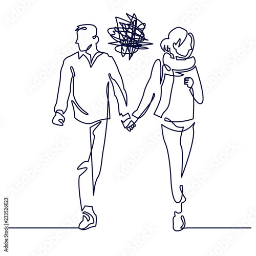Young couple walking continuous one line drawing. Romantic unsuccessful date. Misunderstanding conflict