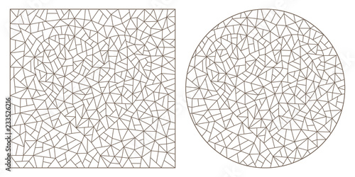 Set of contour illustrations of stained glass with abstract hearts, round and rectangular image, dark contours on a white background