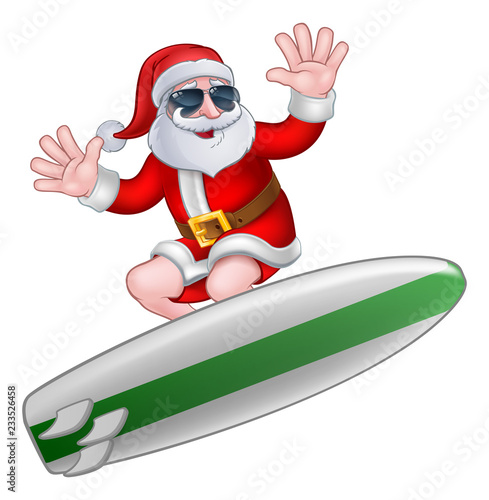Photography Cool Santa Claus surfing on his board in shades or sunglasses Christmas cartoon