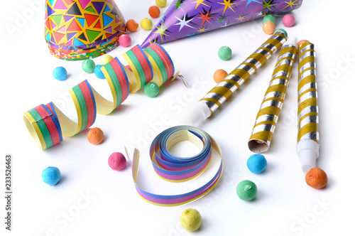 colorful cotillons for party on white background