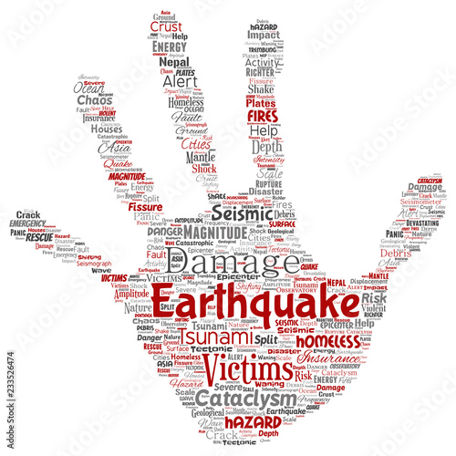 Vector conceptual earthquake activity hand print stamp word cloud isolated background. Collage of natural seismic tectonic crust tremble, violent tsunami waves risk, tectonic plates shifting concept