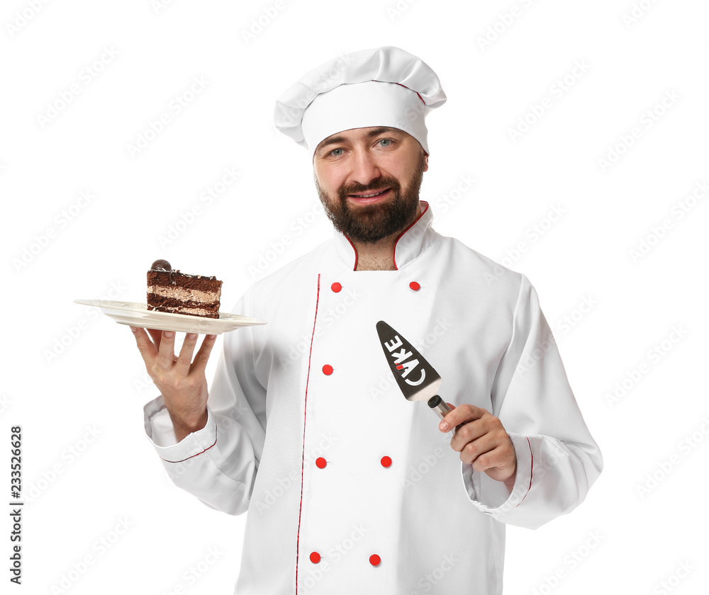 Male chef with tasty dessert on white background Male chef with tasty dessert on white background