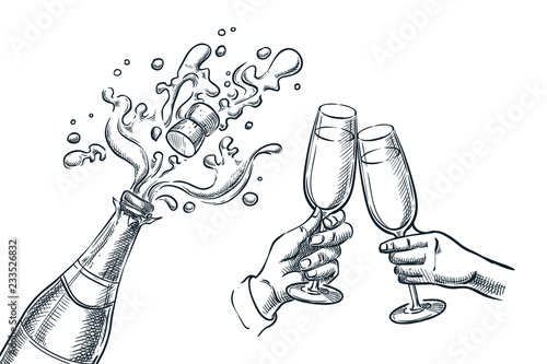 Explosion champagne bottle and two hands with drinking glasses. Sketch vector illustration.