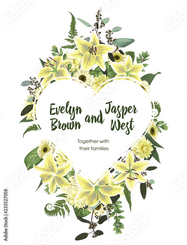 Wedding floral invite card. Vector watercolor green forest leaf, fern, branches boxwood, buxus, eucalyptus. Flowers of yellow, white lily, gerbera, dahlia. Decorative heart frame