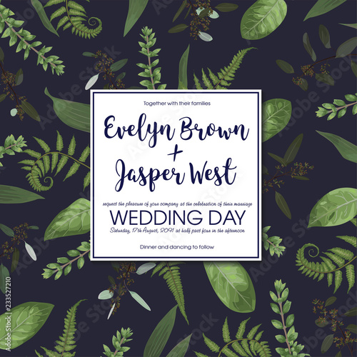 Wedding floral invitation, invite card. Vector watercolor set green forest fern, herbs, eucalyptus, branches boxwood, buxus. Botanical decorative frame, square