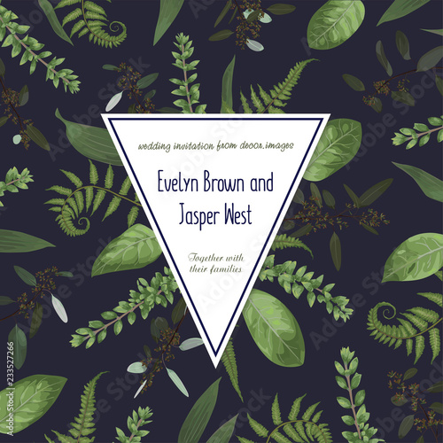 Wedding floral invitation, invite card. Vector watercolor set green forest fern, herbs, eucalyptus, branches boxwood, buxus. Botanical decorative trigon frame, triangle, geometric