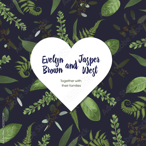 Valentine greeting card, invite card. Vector watercolor style herbs, eucalyptus,  forest fern, waxflower. Natural, branches boxwood, buxus, botanical decorative template