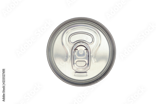Tin can, top view, close-up macro, isolated on white background