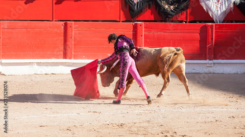 Bullfight, Spanish deadly Spectacle where a man (torero) risks his life fighting again an angry Bull with dangerous horns. This tradition is still strong and alive in Spain. 