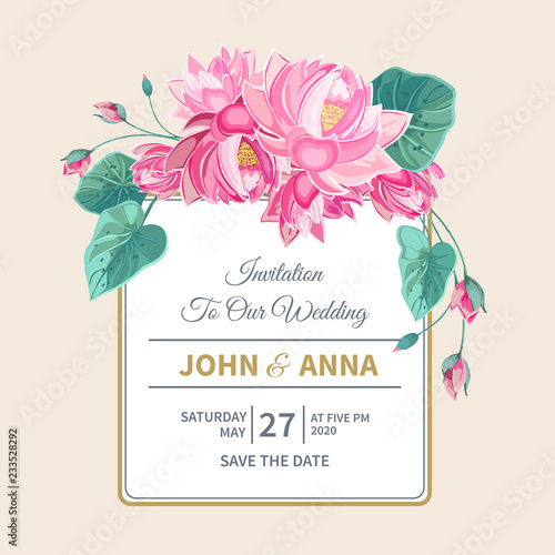 wedding invitation with pink lotus flowers and frame