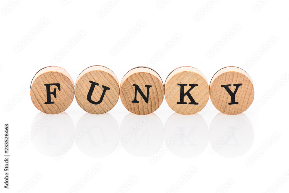 Word Funky from circular wooden tiles with letters children toy. Word Funky from circular wooden tiles with letters children toy.