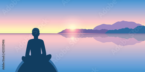person enjoy the silence on a calm sea at sunrise vector illustration EPS10