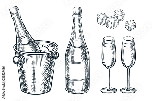 Champagne bottle in bucket with ice and two glasses. Vector sketch illustration. Holiday celebration design elements.