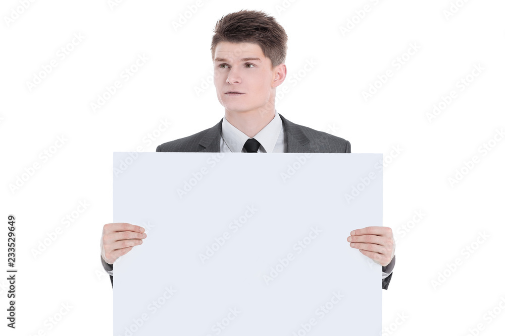 successful young businessman with blank banner.isolated on a white successful young businessman with blank banner.isolated on a white
