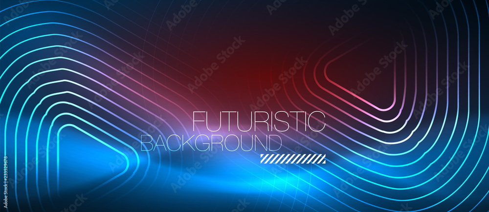 Neon glowing techno lines, hi-tech futuristic abstract background template with geometric shapes Neon glowing techno lines, hi-tech futuristic abstract background template with geometric shapes