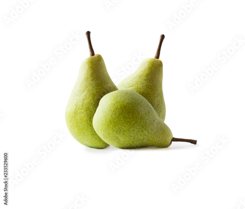 Ripe pears isolated on a white background. Pears with copy space for text. Green pears close-up. Three pears on white background.