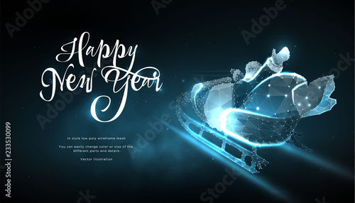 Happy New Year 2019. Santa Claus in sleigh in style Low poly wireframe on blue background. Banner or postcard. Effect Starry sky. Illustration with connected dots and lines. 3D vector wireframe mesh 