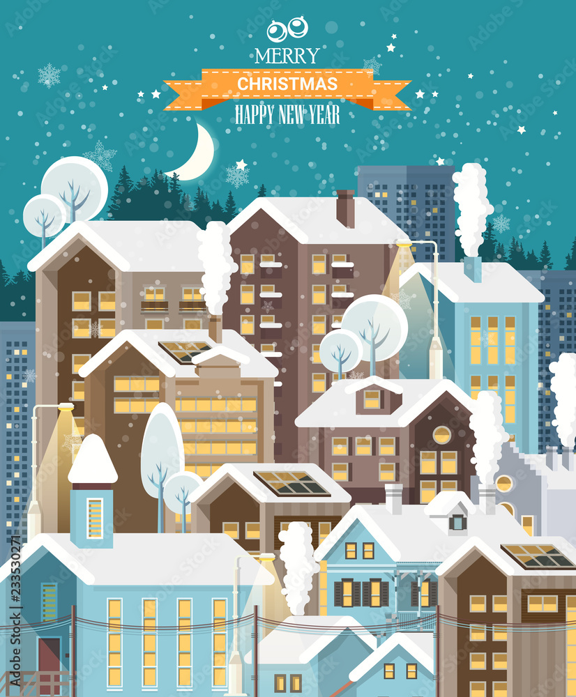 Christmas snow town with city roads, cars and cute houses. Happy New Year vector template in modern flat design.