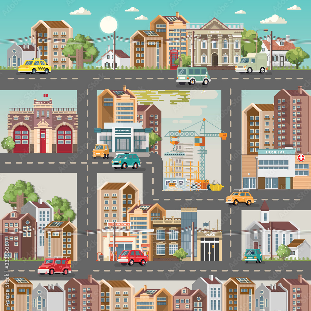 Town template with roads, cars and cute houses. Industrial background. Day in the cute city.