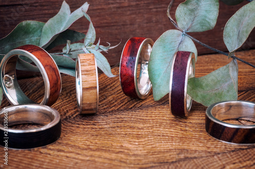 Unusual rings of silver and rare wood