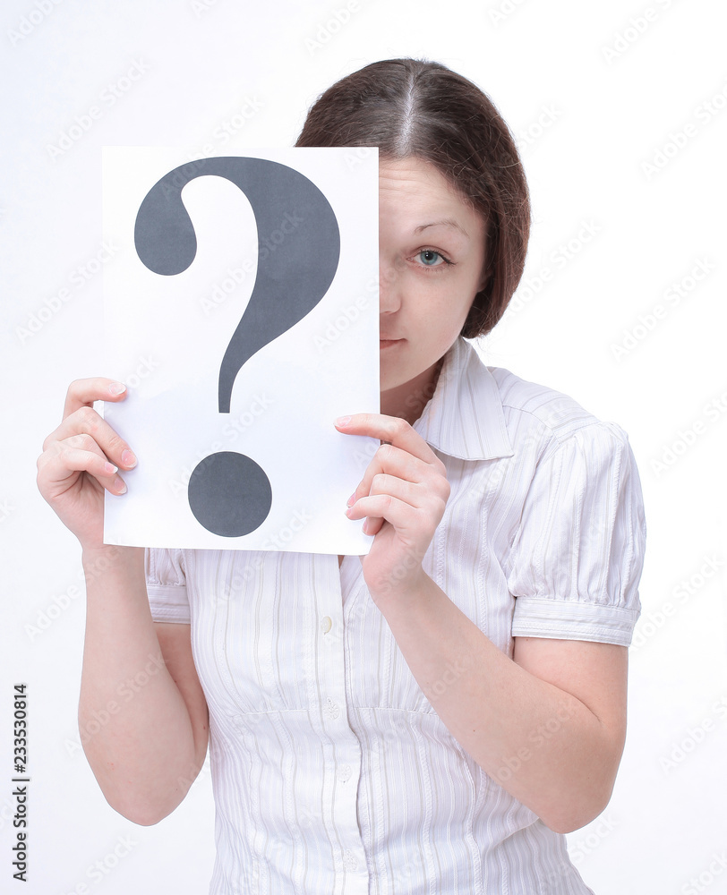 modern young woman showing a question mark modern young woman showing a question mark
