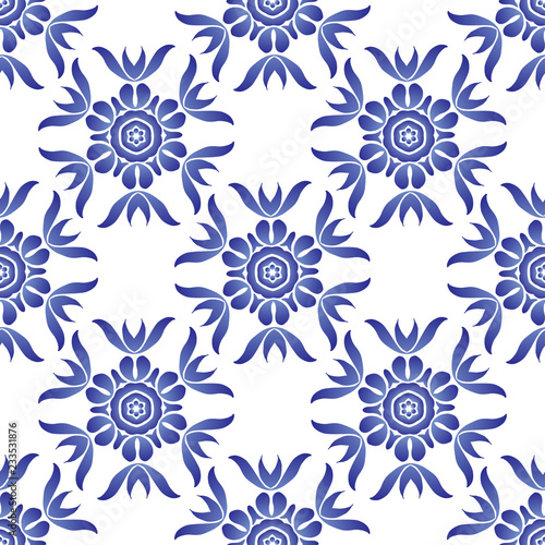 Vector seamless pattern with flowers and leaves in Gzhel Russian style. Folk background for textile, print, clothing, wallpaper, and other design