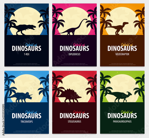 Posters collection World of dinosaurs. Prehistoric world. Jurassic period.