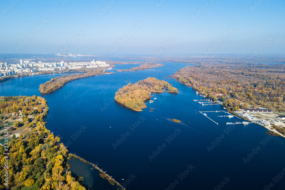 Aerial: Autumn landscape of Dnipro river in Kyiv, Ukraine