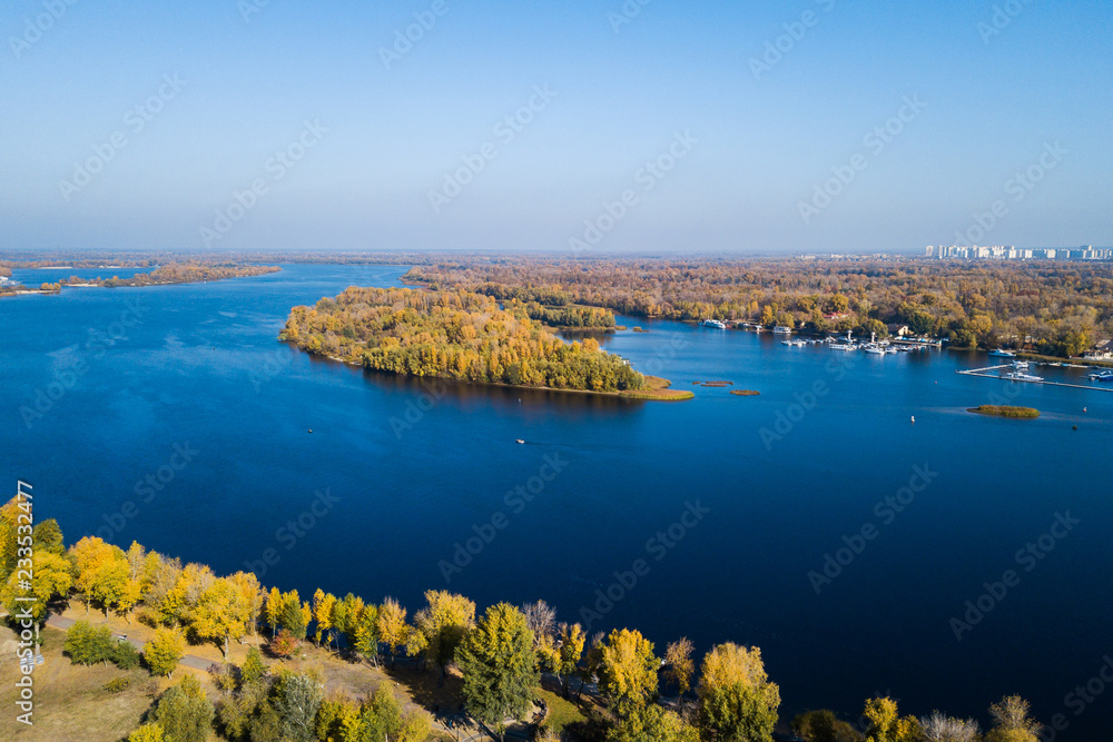 Aerial: Autumn landscape of Dnipro river in Kyiv, Ukraine