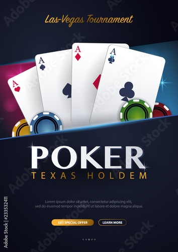 Casino banner with casino chips and cards. Poker club texas holdem. Vector illustration.