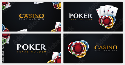 Set of Casino banners with casino chips and cards. Poker club texas holdem. Vector illustration.