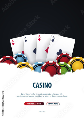 Casino banner with casino chips and cards. Poker club texas holdem. Vector illustration.