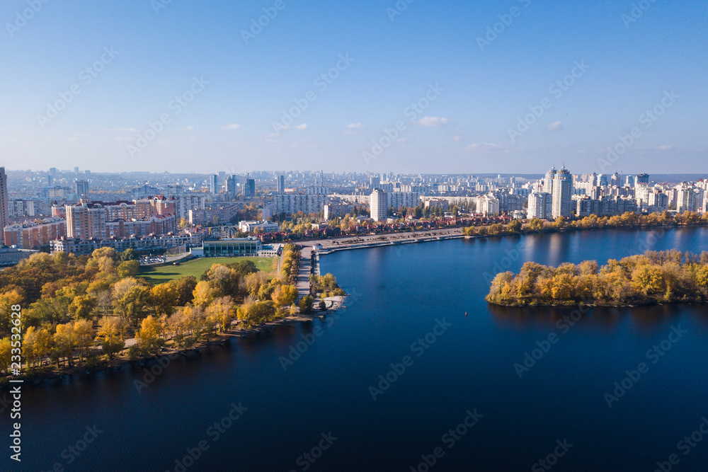 Aerial: Natalka park in Obolon district in Kyiv, autumn time