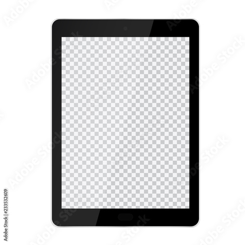Realistic illustration of black tablet with transparent touch screen with glare, isolated on white background